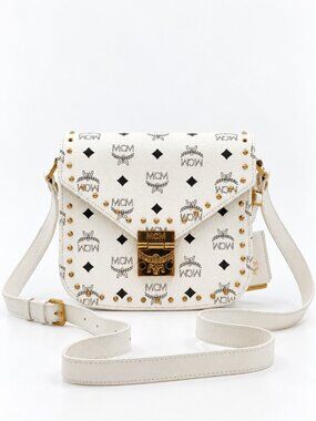 MCM White Visetos Studded Crossbody Shoulder Bag Gold Hardware